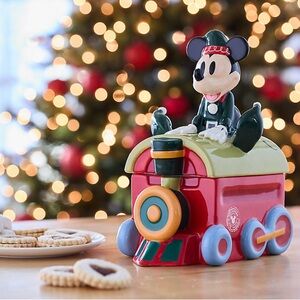 NEW Disney Parks Elf Mickey on Train Christmas Holiday Cookie Jar NIB 2024